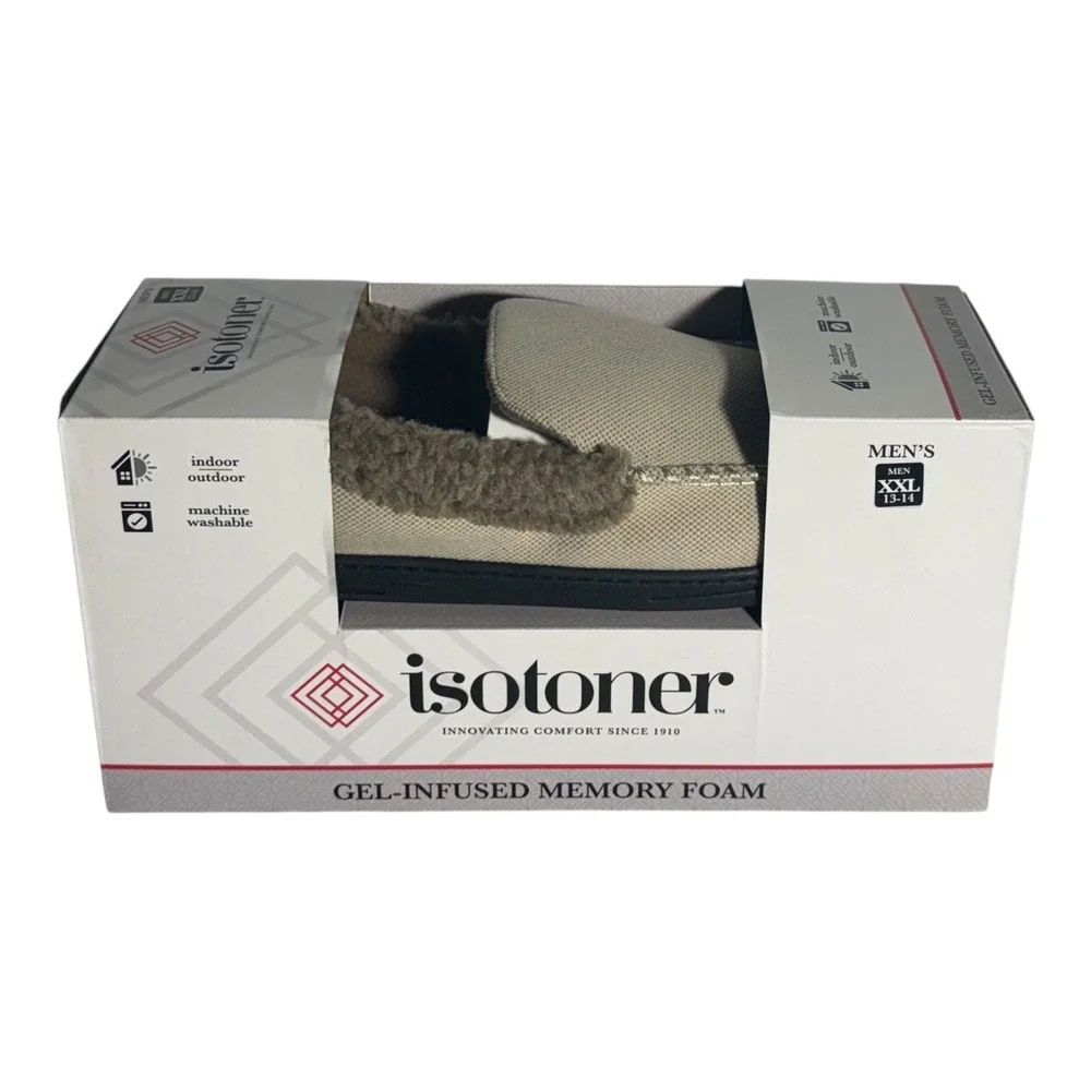 Isotoner Mens Brushed Knit or Plaid Lewis Moccasin Slipper‎ Stone XXL 13-14